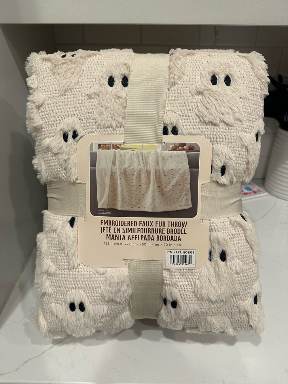 Viral TikTok White Embroidered Faux Fur Ghost Halloween Throw Blanket 60" x 70"
